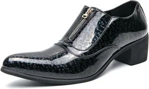 Men's Pointed Toe Chunky Heels Dress Oxford Shoes,Fashion Print Front Zipper Slip on Loafers Patent Leather Low Top Chelsea Business Formal Derby Shoes