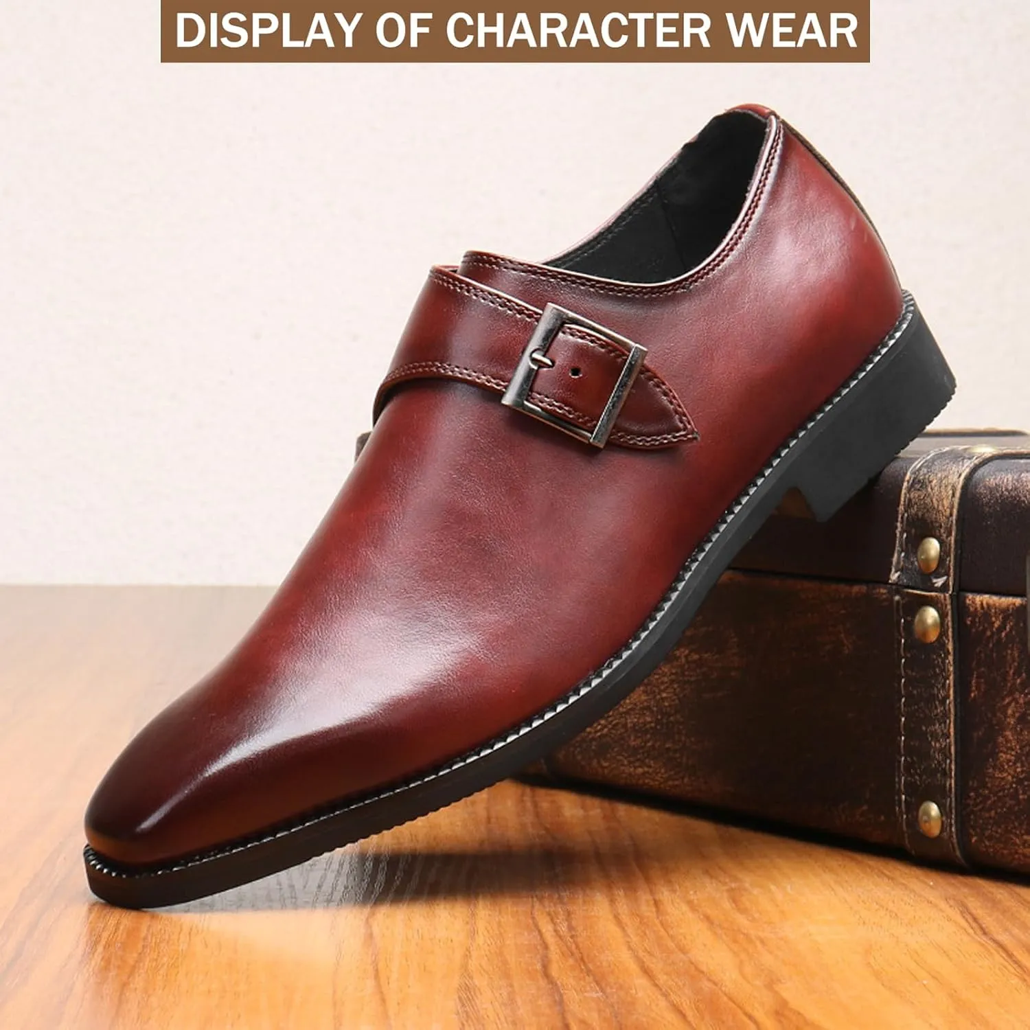 Men's Polishing Leather Low Heel Business Dress Shoes Fashion Pointed Toe Monk Strap Buckle Slip-On Oxford Dress Loafers Modern Wedding Office Work Tuxedo Derby Shoes