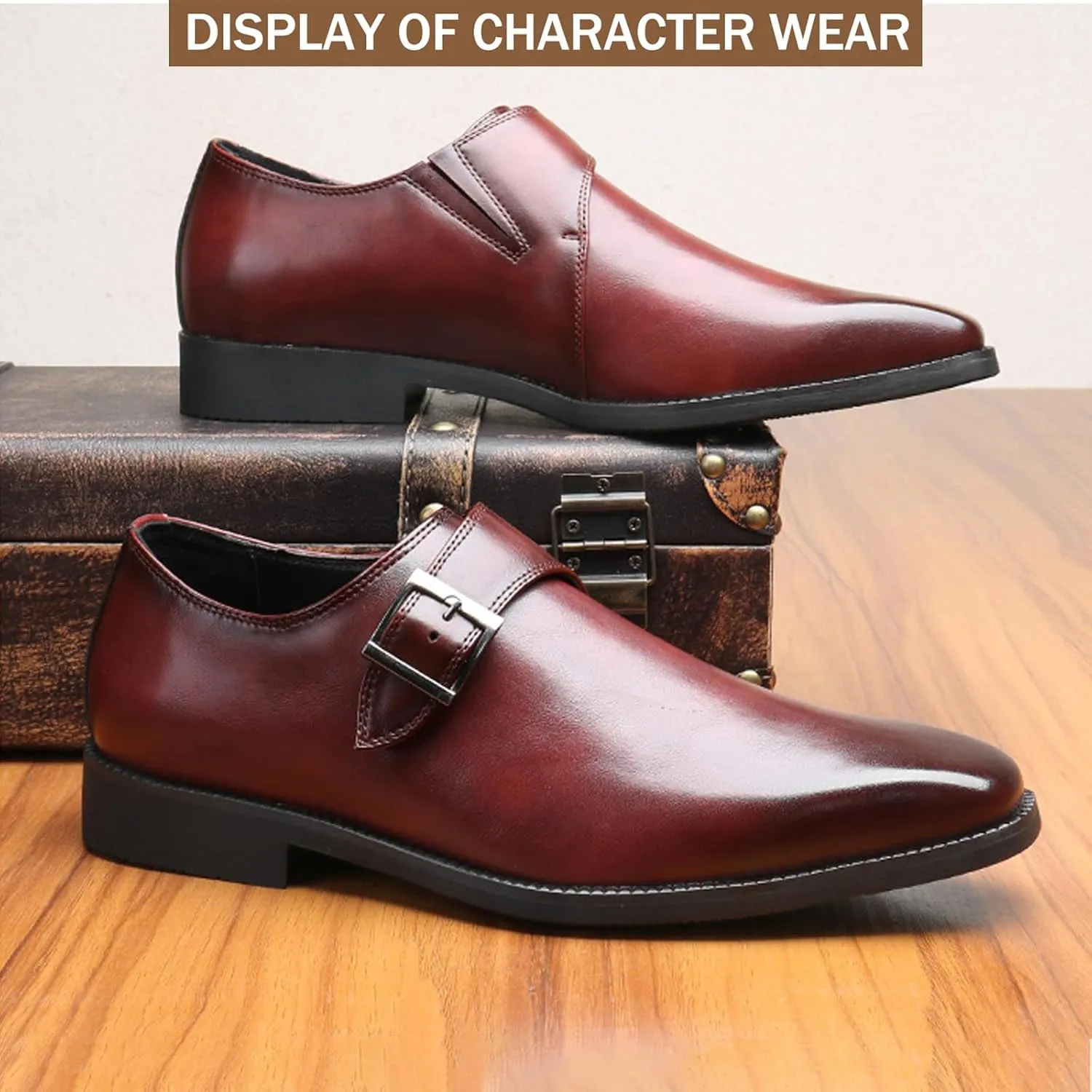 Men's Polishing Leather Low Heel Business Dress Shoes Fashion Pointed Toe Monk Strap Buckle Slip-On Oxford Dress Loafers Modern Wedding Office Work Tuxedo Derby Shoes