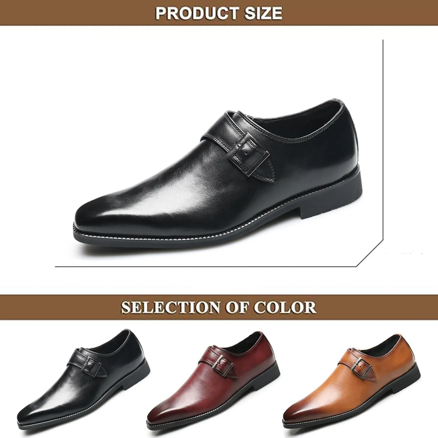Men's Polishing Leather Low Heel Business Dress Shoes Fashion Pointed Toe Monk Strap Buckle Slip-On Oxford Dress Loafers Modern Wedding Office Work Tuxedo Derby Shoes