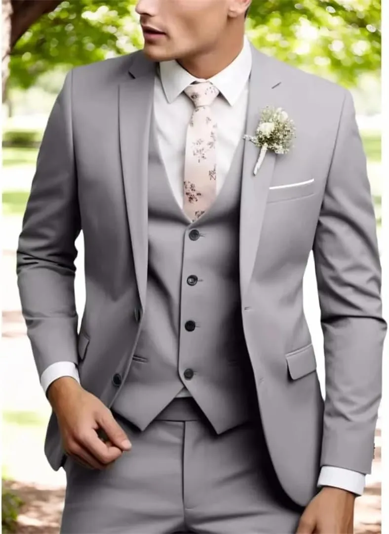 Men's Slim Fit Regular Fit 3 Piece Elegant Tuxedos Set Notch Lapel Blazer Vest Pants Evening Party Wedding Suit