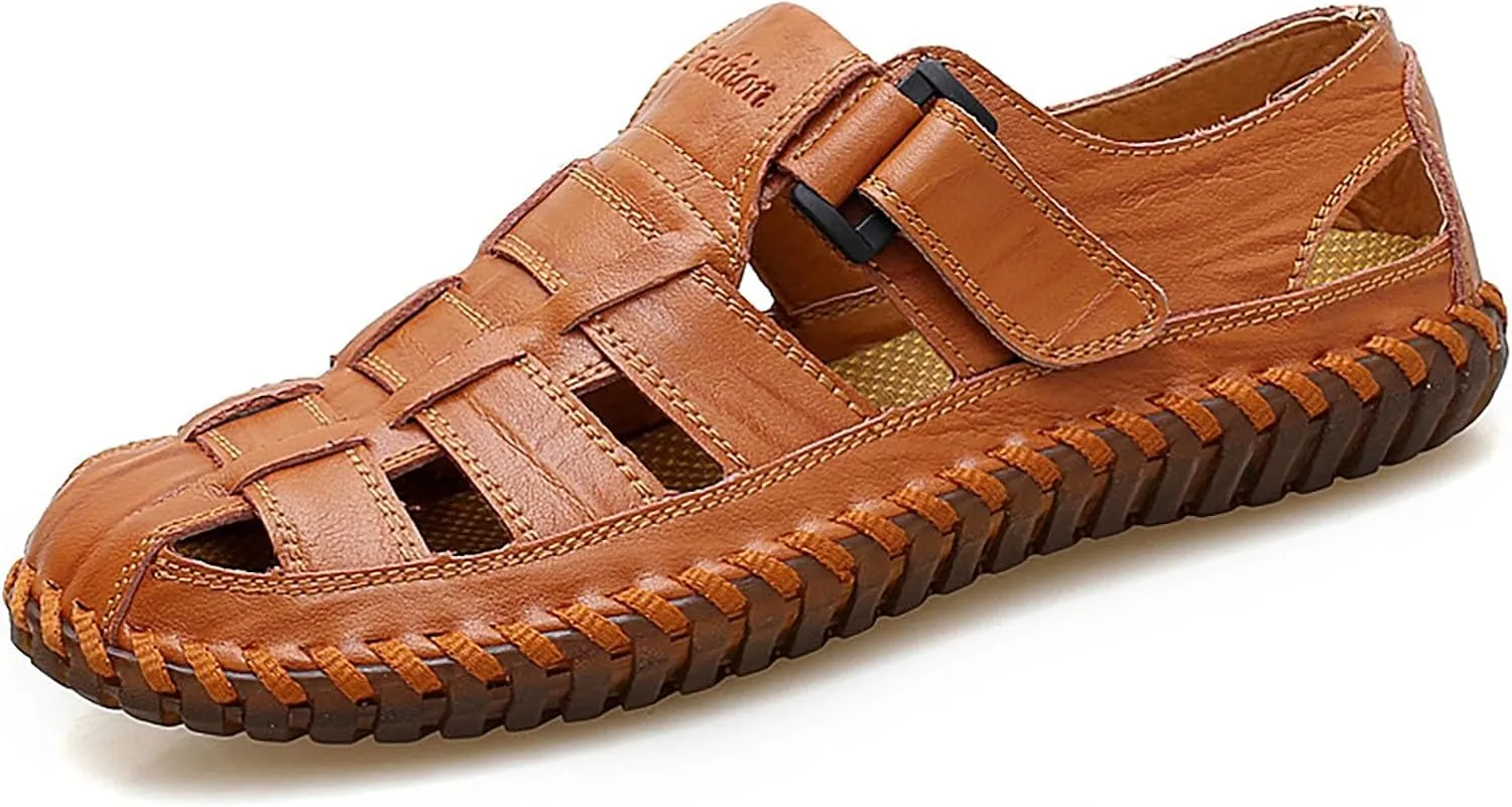 Mens Sport Sandals Breathable Outdoor Fisherman Shoes Adjustable Closed Toe Summer Leather Loafters