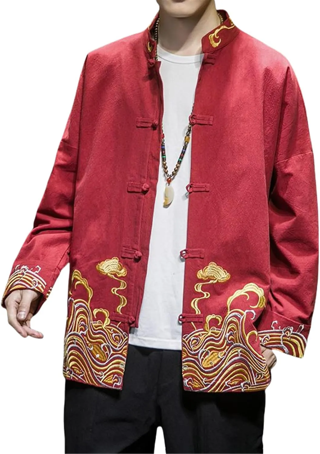 Men's Spring Chinese Style Loose Fit Shirt with Frog Buttons and Embroidery