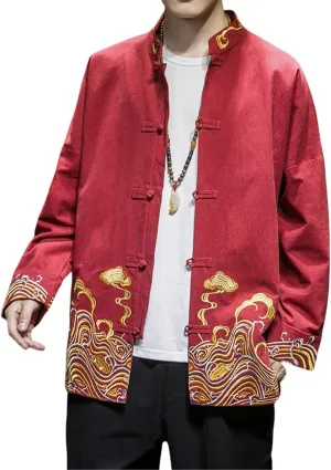 Men's Spring Chinese Style Loose Fit Shirt with Frog Buttons and Embroidery