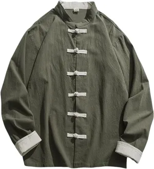 Men's Spring Summer Retro Chinese Style Frog Button Shirt Tang Suit Casual Long Sleeve Cotton Linen Top
