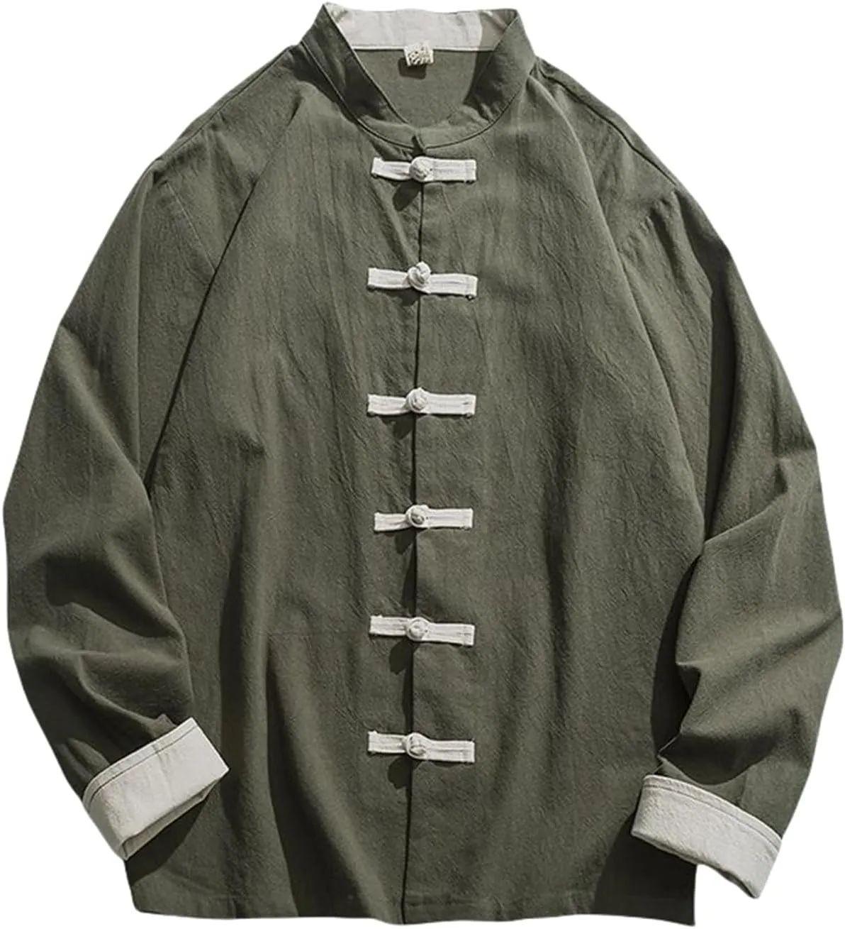 Men's Spring Summer Retro Chinese Style Frog Button Shirt Tang Suit Casual Long Sleeve Cotton Linen Top