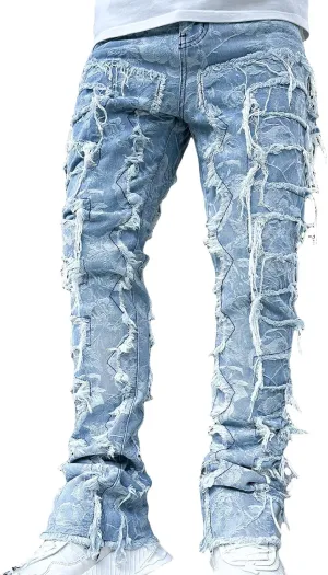 Mens Stacked Jeans Slim Fit Ripped Skinny Stretch Jeans Distressed Straight Denim Pants Hip Hop Trousers Streetwear