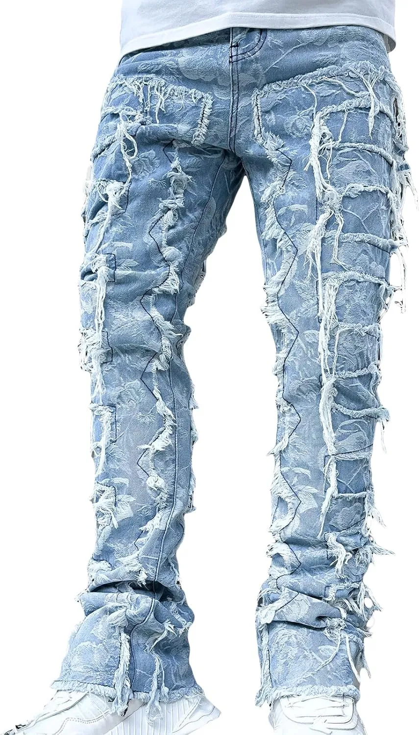 Mens Stacked Jeans Slim Fit Ripped Skinny Stretch Jeans Distressed Straight Denim Pants Hip Hop Trousers Streetwear