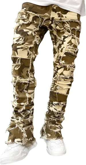 Mens Stacked Jeans Slim Fit Ripped Skinny Stretch Jeans Distressed Straight Denim Pants Hip Hop Trousers Streetwear