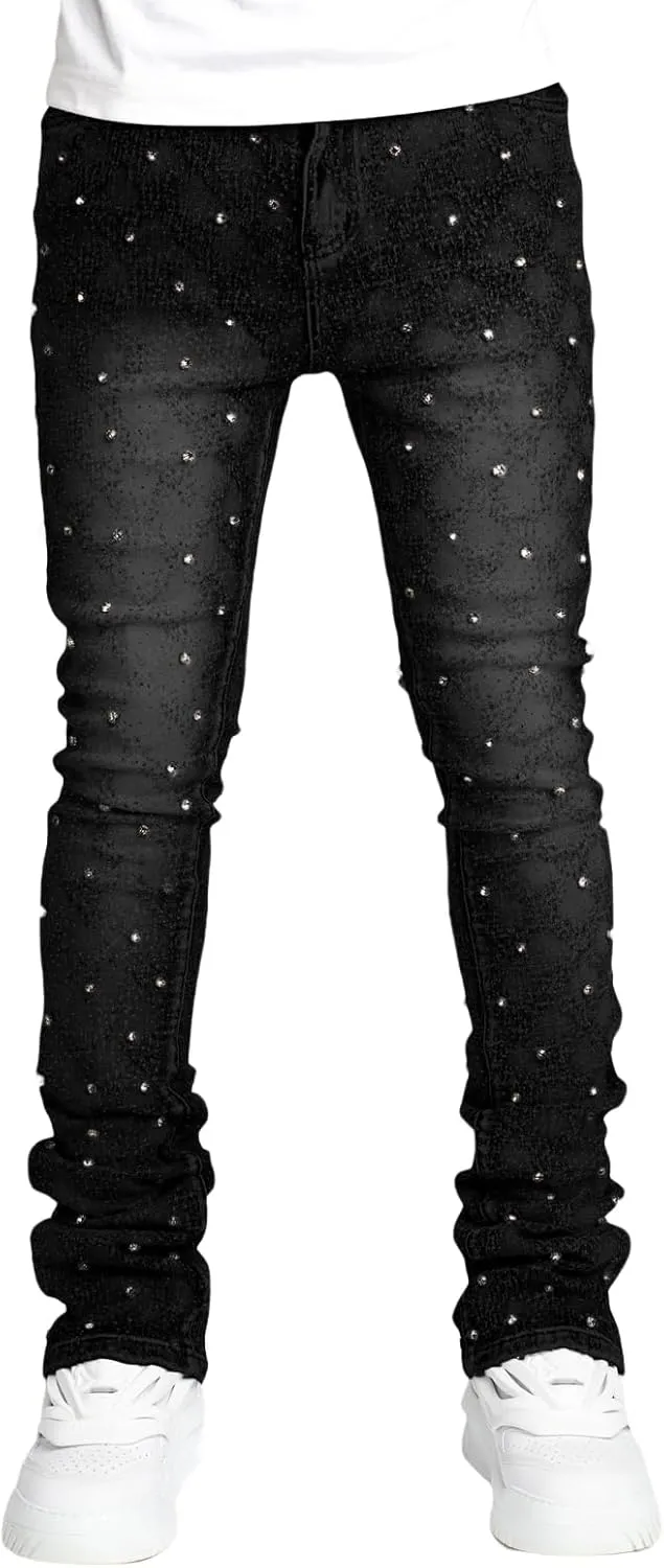 Mens Stacked Jeans Slim Fit Ripped Skinny Stretch Jeans Distressed Straight Denim Pants Hip Hop Trousers Streetwear