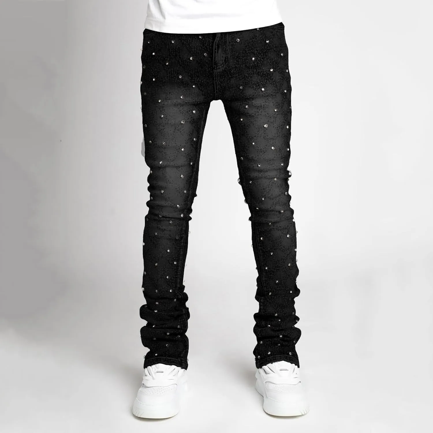Mens Stacked Jeans Slim Fit Ripped Skinny Stretch Jeans Distressed Straight Denim Pants Hip Hop Trousers Streetwear