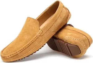 Men's Suede Driving Penny Loafers Retro Round Toe Solid Color Moccasin Shoes Comfortable Slip On Casual Dress Boat Shoes