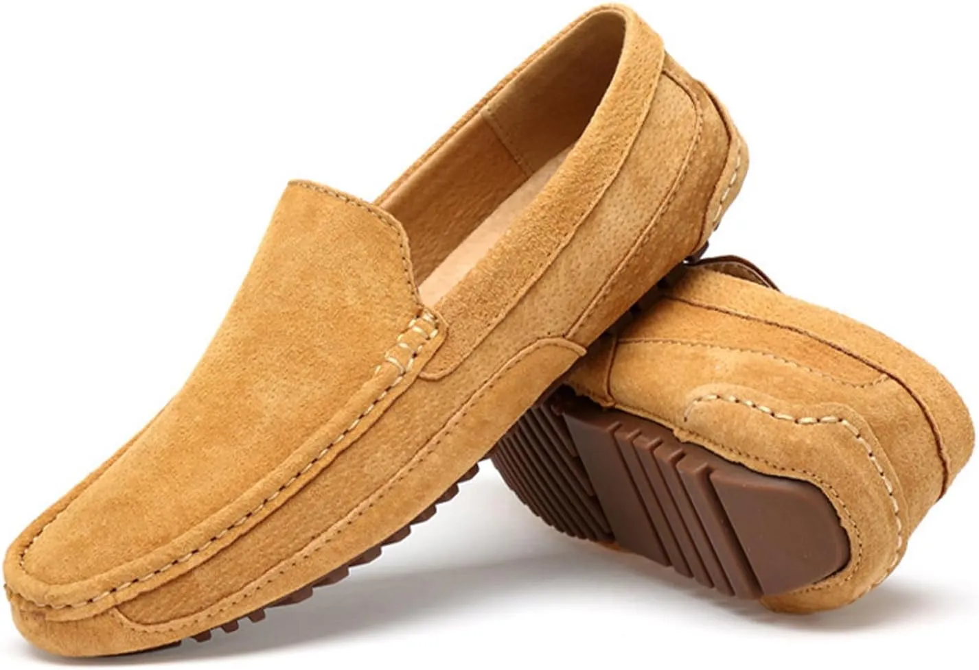 Men's Suede Driving Penny Loafers Retro Round Toe Solid Color Moccasin Shoes Comfortable Slip On Casual Dress Boat Shoes
