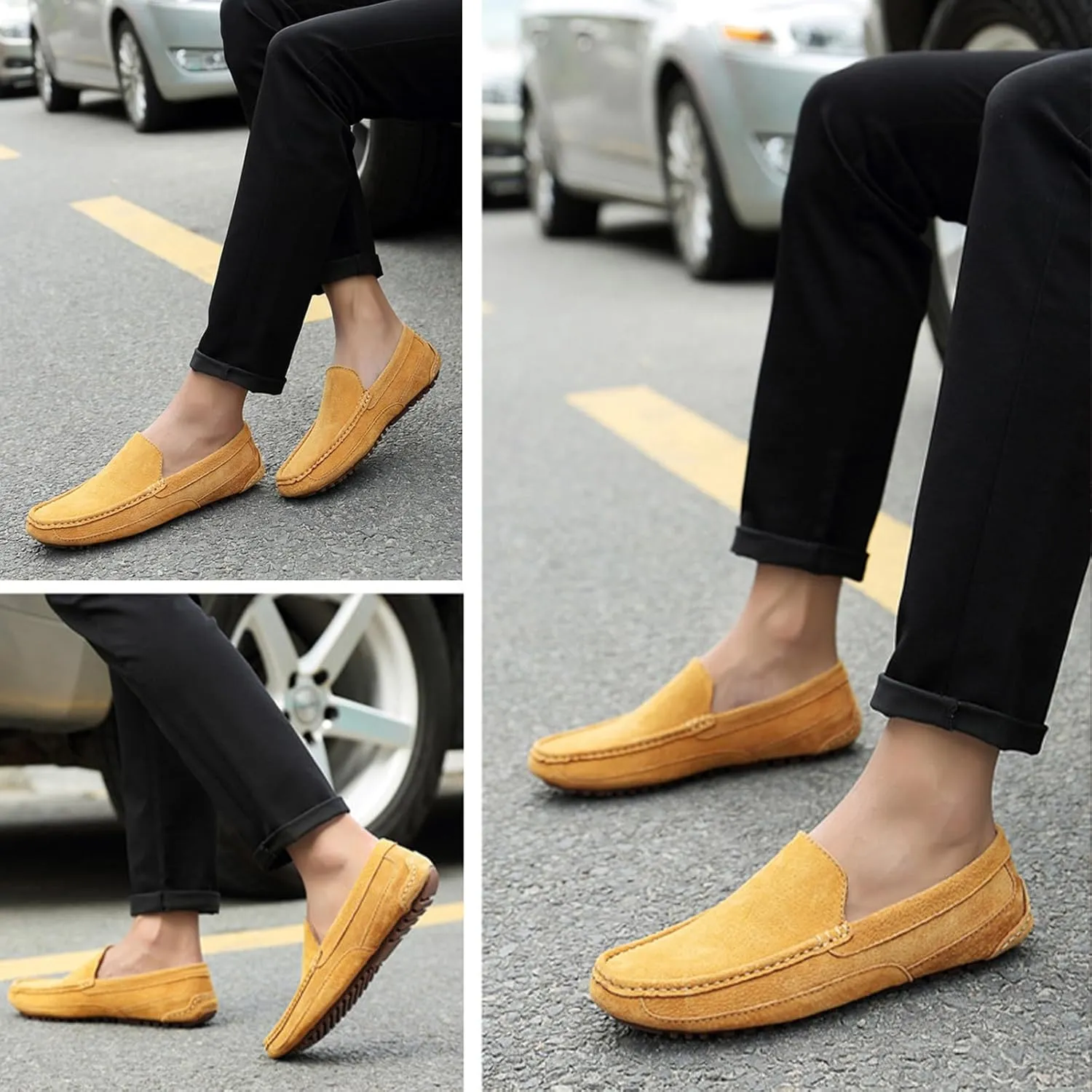 Men's Suede Driving Penny Loafers Retro Round Toe Solid Color Moccasin Shoes Comfortable Slip On Casual Dress Boat Shoes