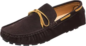 Men's Suede Handmade Moccasin Loafers Retro Round Toe Bow Slip On Comfortable Driving Shoes Fashionable Solid Color Non-Slip Walking Shoes