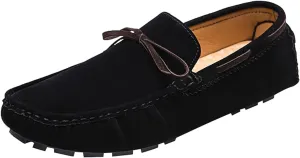 Men's Suede Handmade Moccasin Loafers Retro Round Toe Bow Slip On Comfortable Driving Shoes Fashionable Solid Color Non-Slip Walking Shoes