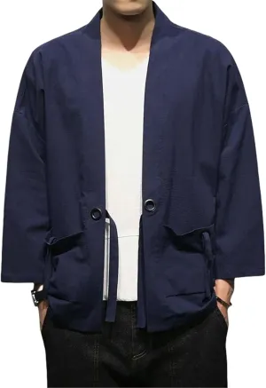 Men's Summer Chinese Style Cardigan Cotton Linen Japanese Kimono Style Linen 3/4 Sleeve Shirt