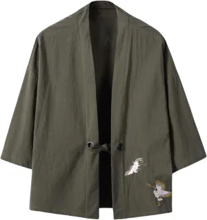 Men's Summer Chinese Style Cardigan Cotton Linen Japanese Kimono Style Linen 3/4 Sleeve Shirt