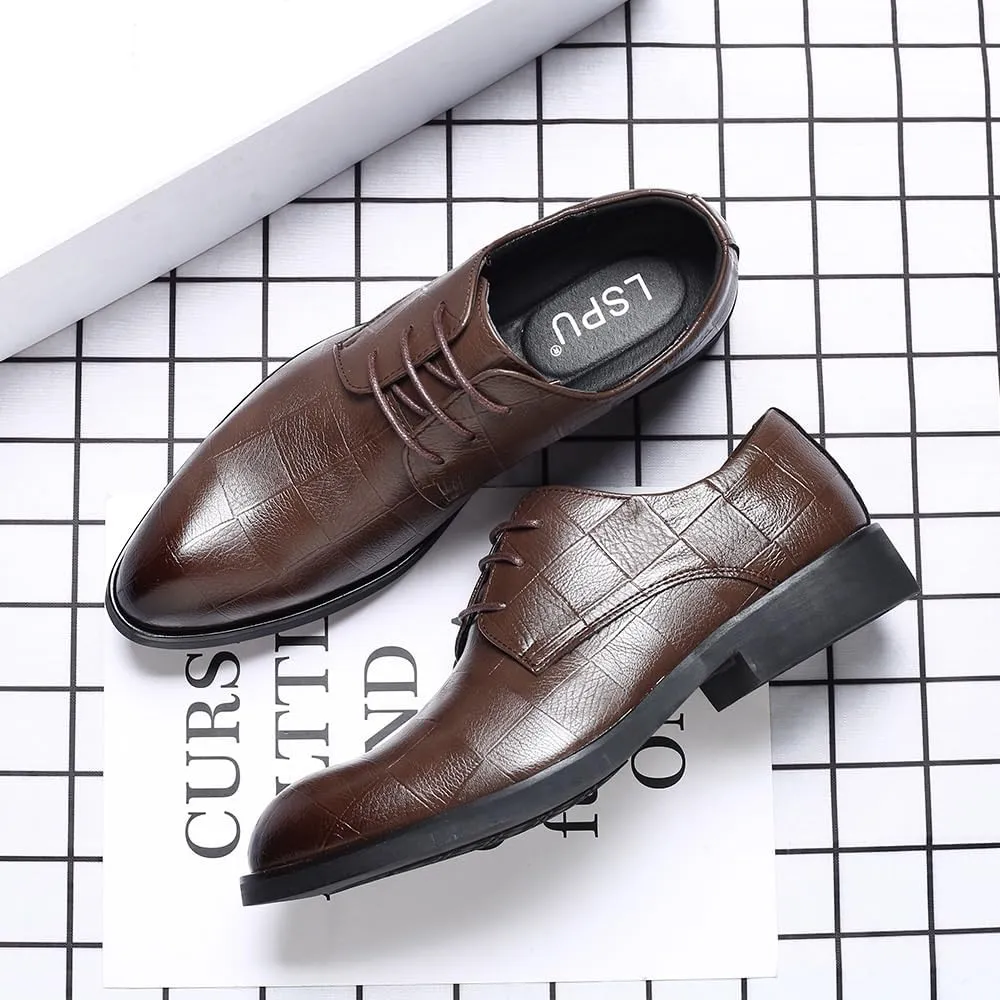 Men's Vintage High Gloss Dress Shoes Classic Round Toe Shiny Checkered Comfortable Dress Loafers
