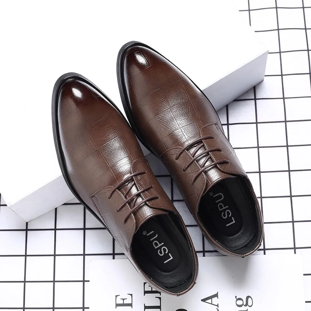 Men's Vintage High Gloss Dress Shoes Classic Round Toe Shiny Checkered Comfortable Dress Loafers
