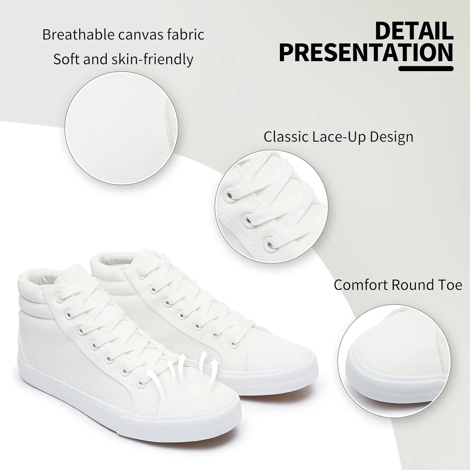 Men's White Canvas High Top Sneakers - Classic Lace-Up Walking Shoes, Light-Weight Soft Casual Tennis Shoes