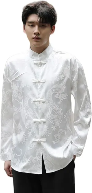 Men's White Chinese Style Retro Dragon Pattern Frog Button Shirt Zen Style Tang Suit Top Spring Summer