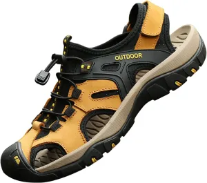 MGGMOKAY Men's Outdoor Sandals Sports Hiking Closed Toe Leather Athletic Sandals for Water Beach Boat Fishing.