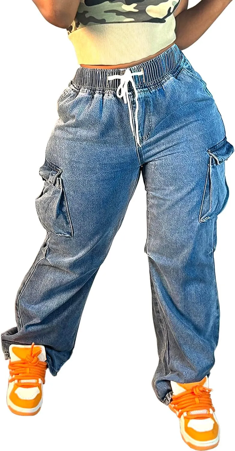 Mid Rise Cargo Jeans Women Elastic Waist Stretch Wide Leg Denim Pants with Pockets Baggy Streetwear Pants y2k