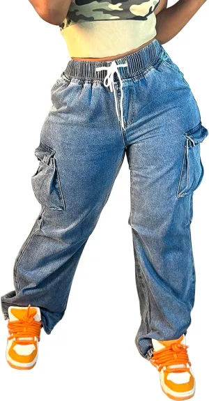 Mid Rise Cargo Jeans Women Elastic Waist Stretch Wide Leg Denim Pants with Pockets Baggy Streetwear Pants y2k