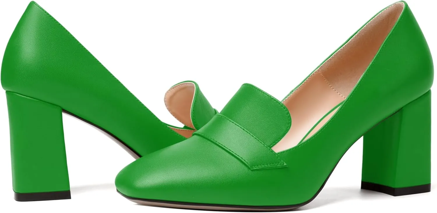 MODENCOCO Womens Sexy Formal Matte Slip On Square Toe Work Block High Heel Loafers Shoes 3.5 Inch