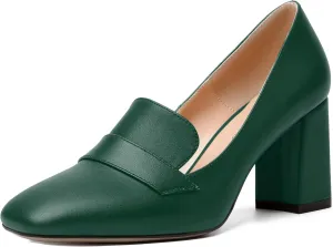 MODENCOCO Womens Sexy Formal Matte Slip On Square Toe Work Block High Heel Loafers Shoes 3.5 Inch