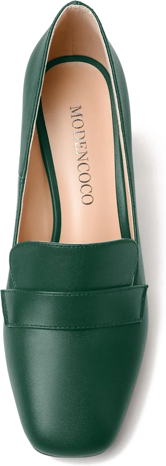 MODENCOCO Womens Sexy Formal Matte Slip On Square Toe Work Block High Heel Loafers Shoes 3.5 Inch