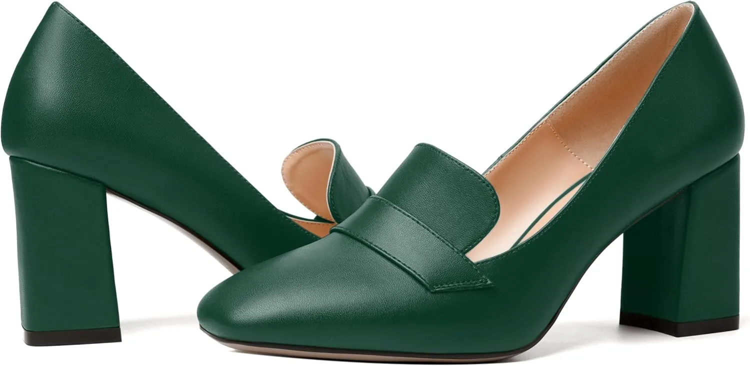 MODENCOCO Womens Sexy Formal Matte Slip On Square Toe Work Block High Heel Loafers Shoes 3.5 Inch