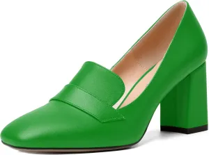 MODENCOCO Womens Sexy Formal Matte Slip On Square Toe Work Block High Heel Loafers Shoes 3.5 Inch