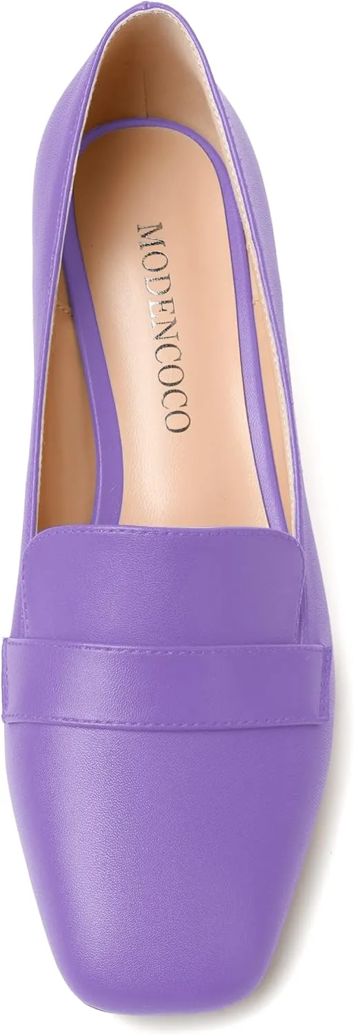 MODENCOCO Womens Square Toe Slip On Comfortable Casual Matte Work Chunky Low Heel Loafers Shoes 2 Inch