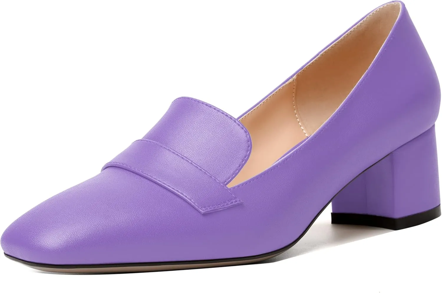 MODENCOCO Womens Square Toe Slip On Comfortable Casual Matte Work Chunky Low Heel Loafers Shoes 2 Inch