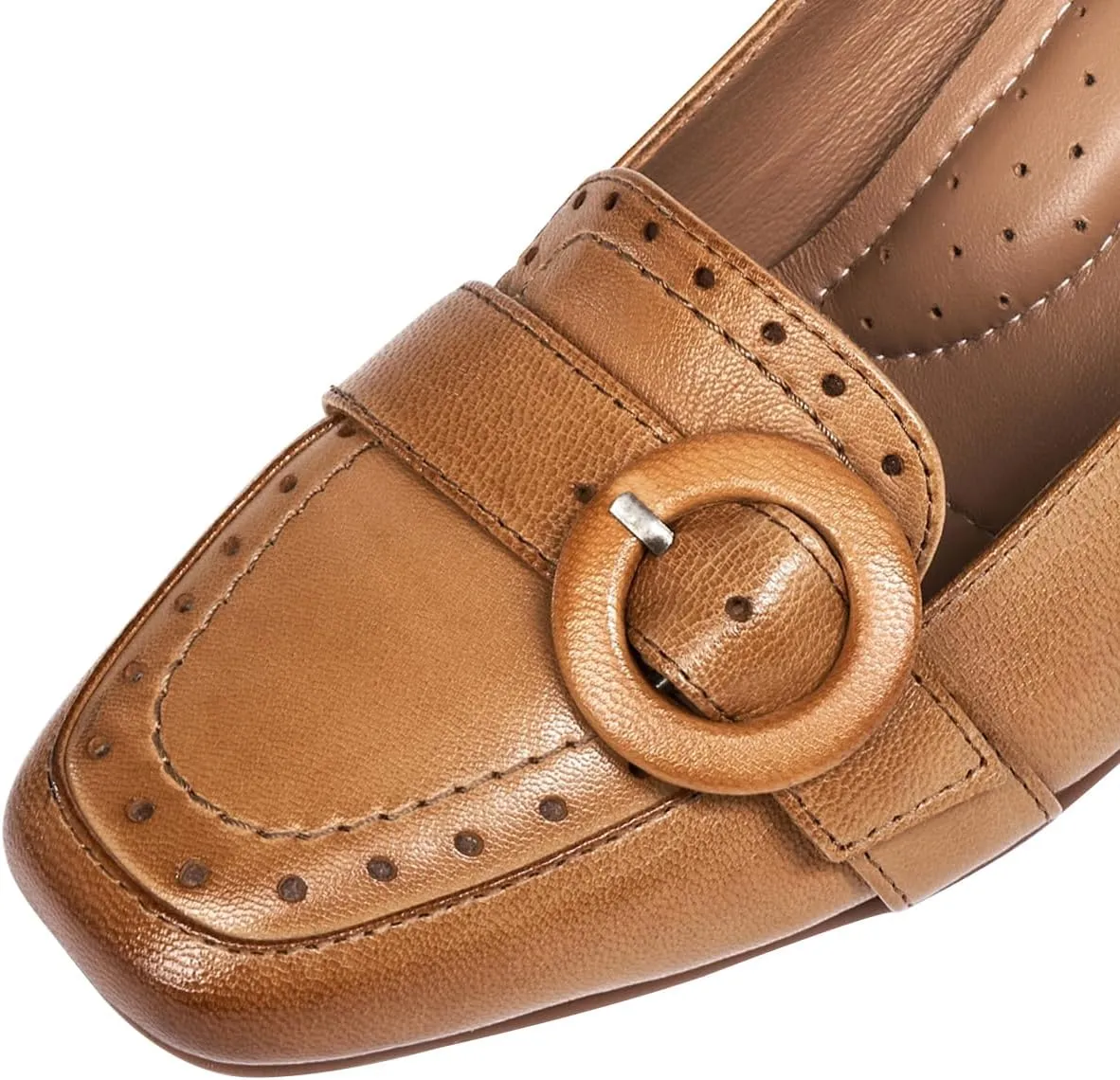 Mona flying Women's Leather 7 cm Chunky Heel Loafers Pumps Square Toe High Heel Office Work Dress Shoes for Ladies
