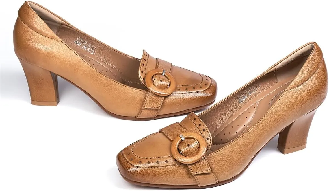 Mona flying Women's Leather 7 cm Chunky Heel Loafers Pumps Square Toe High Heel Office Work Dress Shoes for Ladies