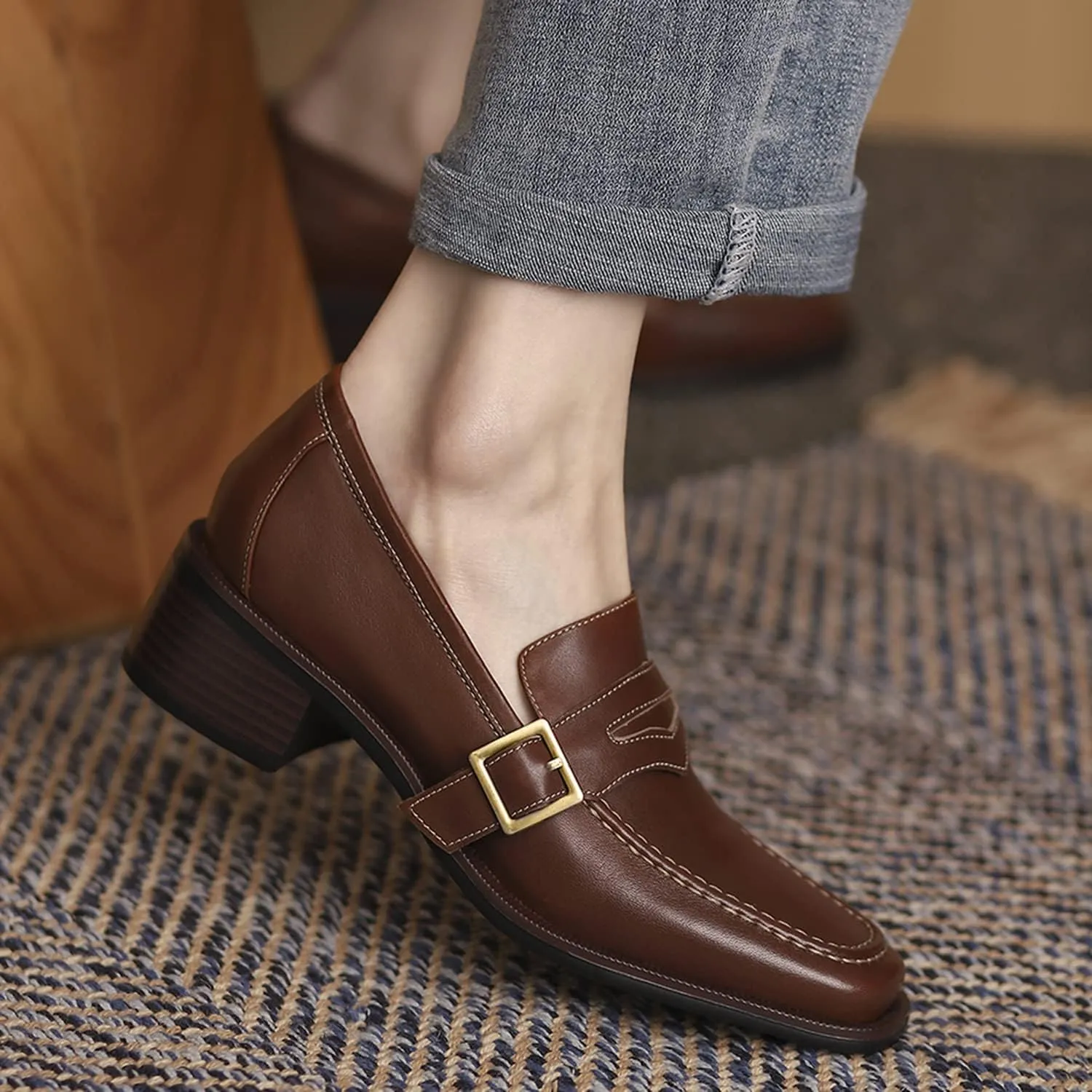 MOOMMO Women Classic Penny Loafers Closed Square Toe Patent Low Heel Loafers Slip On Metal Buckle 2" Chunky Heel Comfy Office Lady Vintage Dress Loafer Shoes Size 4-9 M US