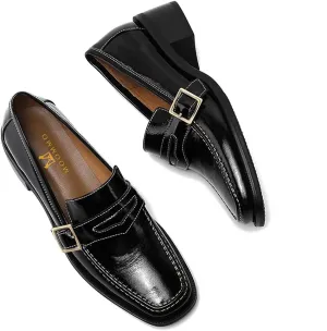 MOOMMO Women Classic Penny Loafers Closed Square Toe Patent Low Heel Loafers Slip On Metal Buckle 2" Chunky Heel Comfy Office Lady Vintage Dress Loafer Shoes Size 4-9 M US