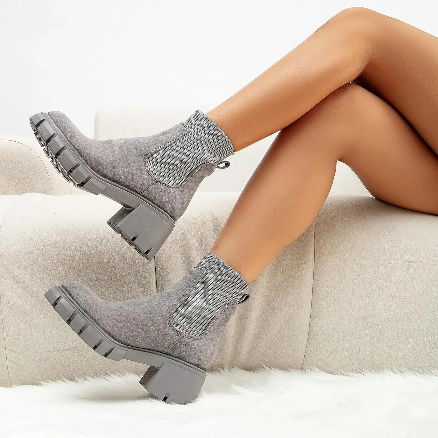 MOUSSE FIT Women's British Style Boots Elastic Chunky Heel Lug Sole Booties