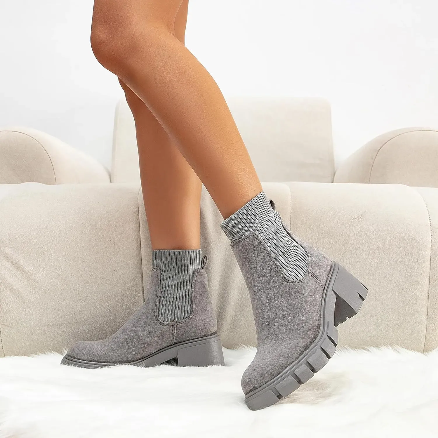 MOUSSE FIT Women's British Style Boots Elastic Chunky Heel Lug Sole Booties