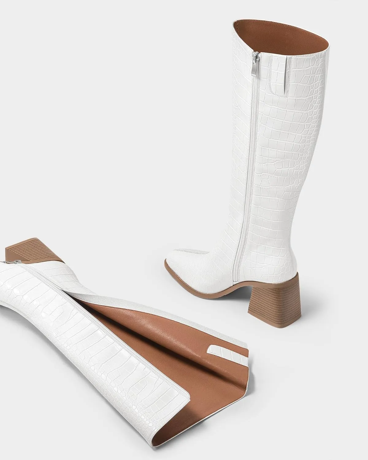 MUCCCUTE Knee High Boots Women - Faux Crocodile Boots Chunky Heel Square Toe Tall Boots Side Zipper GoGo Long Boot Pull On