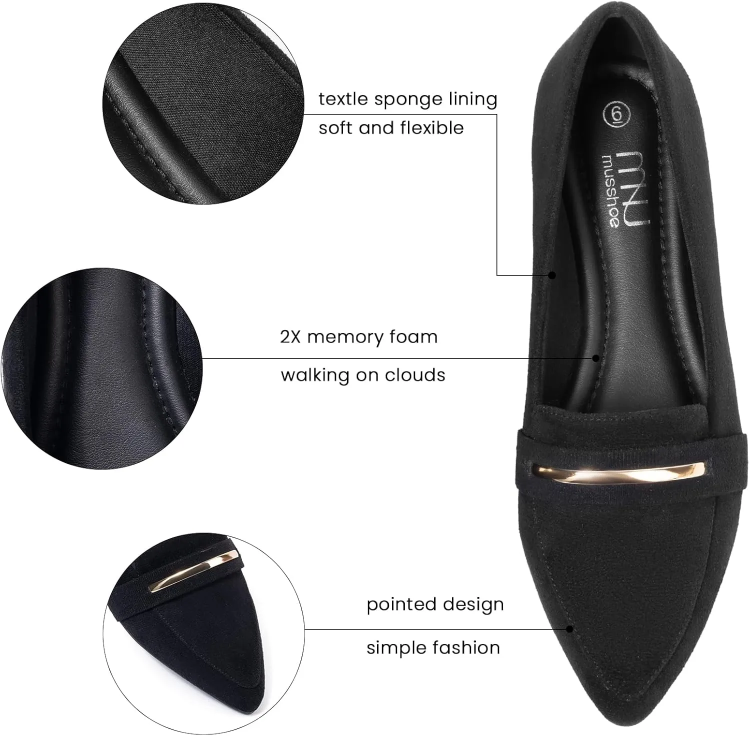 MUSSHOE Flats Shoes Women Pointed Toe Womens Flats Loafers