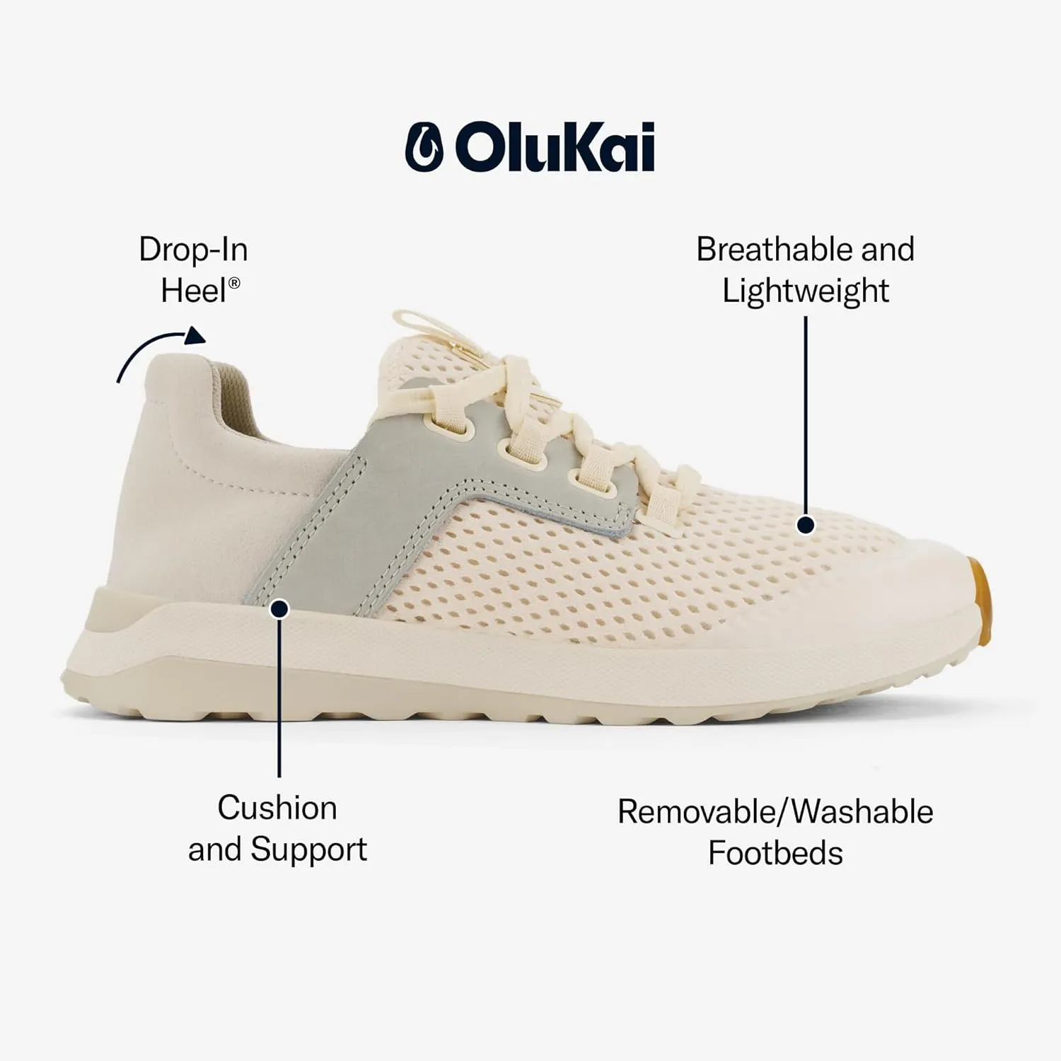 OLUKAI Wailuku Women's Athletic Sneakers, Lightweight & Breathable Mesh, Comfort Fit & Wet Grip Rubber Soles, All-Day Comfort & Supportive