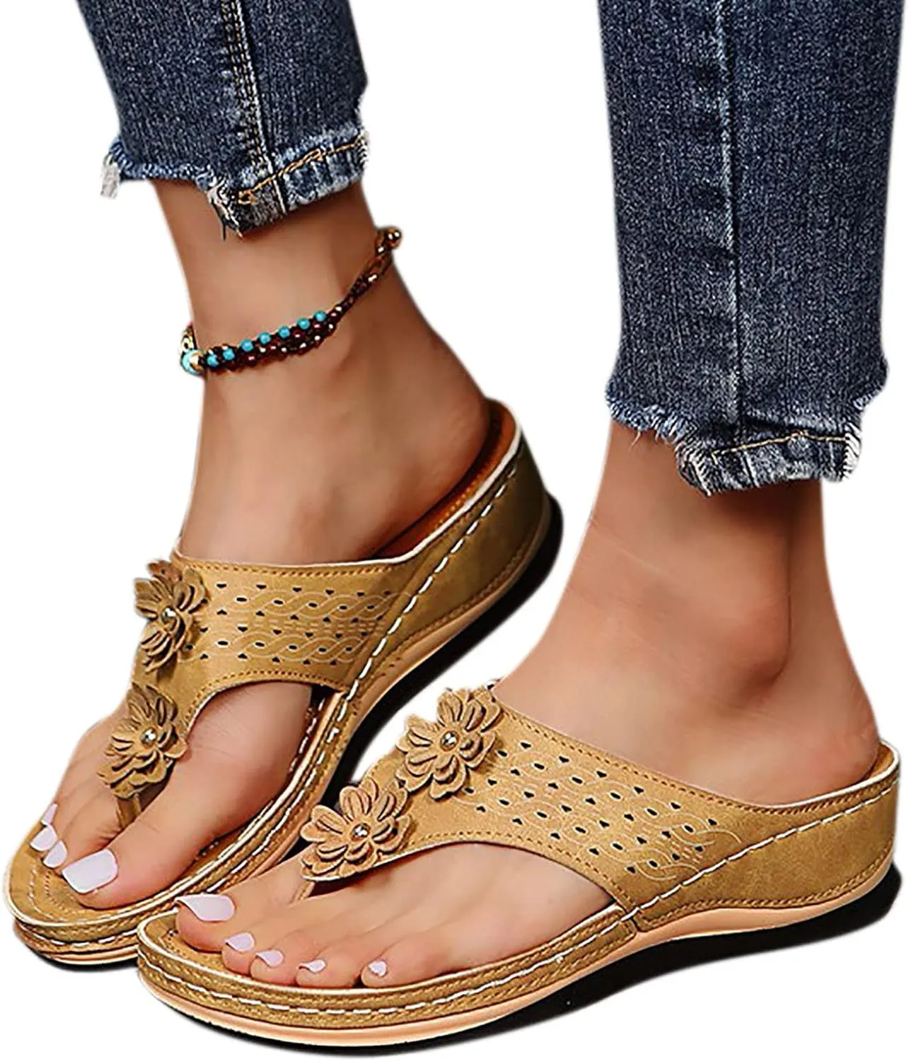 Orthotic Sandals for Women Extra Wide Flip Flops Beach Non Slip Wedge Sandal Dressy Wide Arch Support Shoes for Womens Wedge Shoes Slip On Dressy Wedge Orthopedic Shoe for Woman