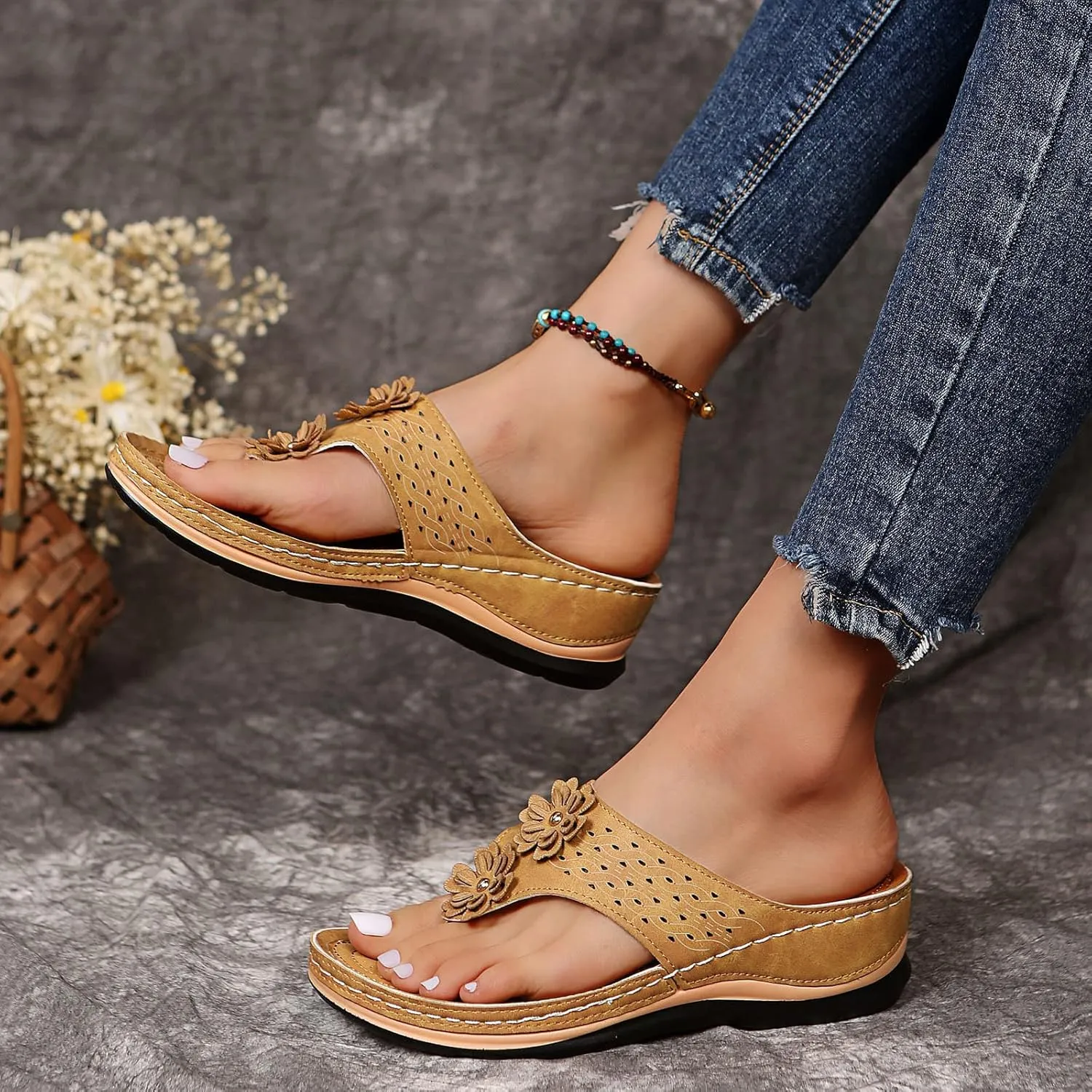Orthotic Sandals for Women Extra Wide Flip Flops Beach Non Slip Wedge Sandal Dressy Wide Arch Support Shoes for Womens Wedge Shoes Slip On Dressy Wedge Orthopedic Shoe for Woman