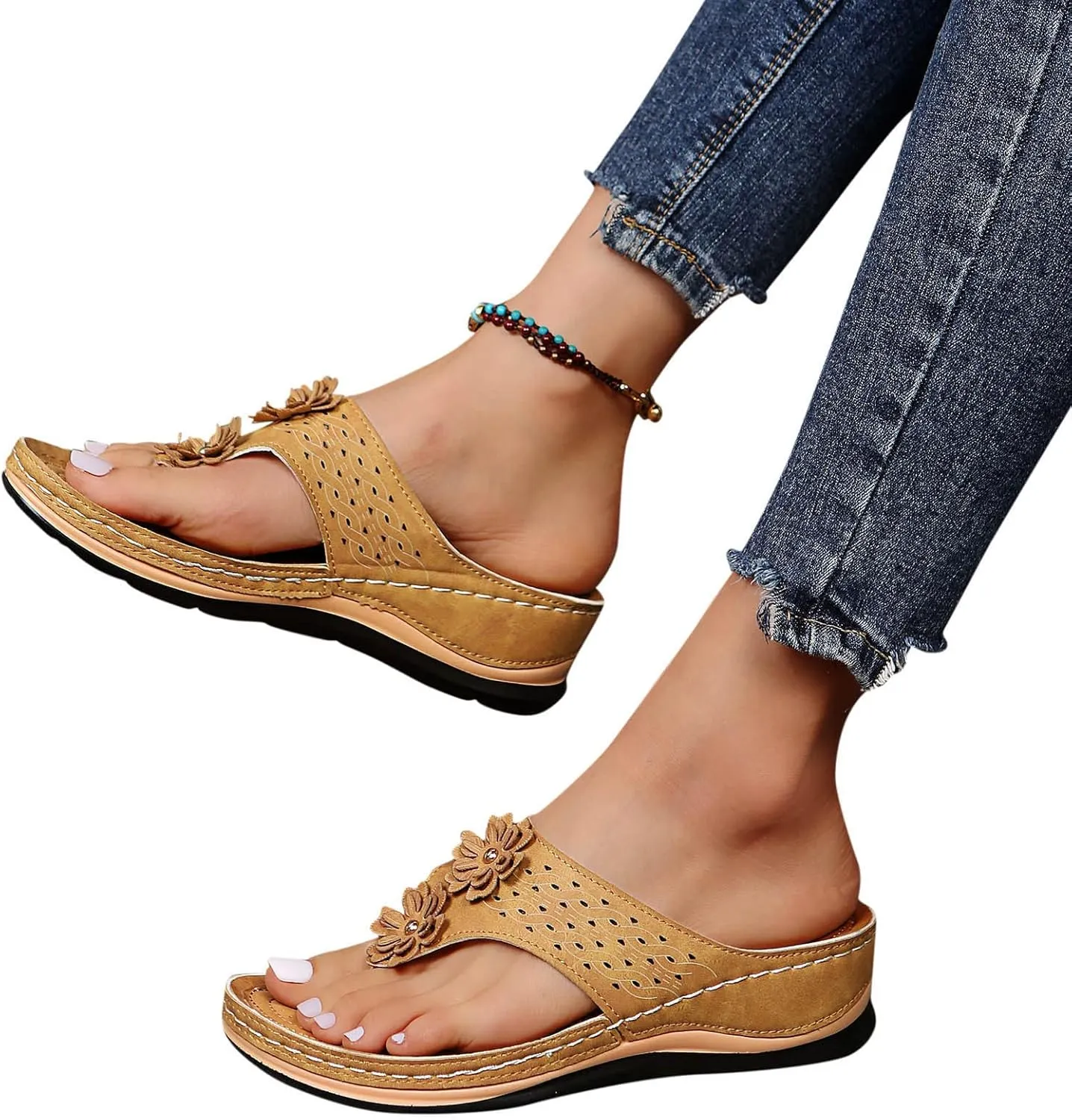 Orthotic Sandals for Women Extra Wide Flip Flops Beach Non Slip Wedge Sandal Dressy Wide Arch Support Shoes for Womens Wedge Shoes Slip On Dressy Wedge Orthopedic Shoe for Woman