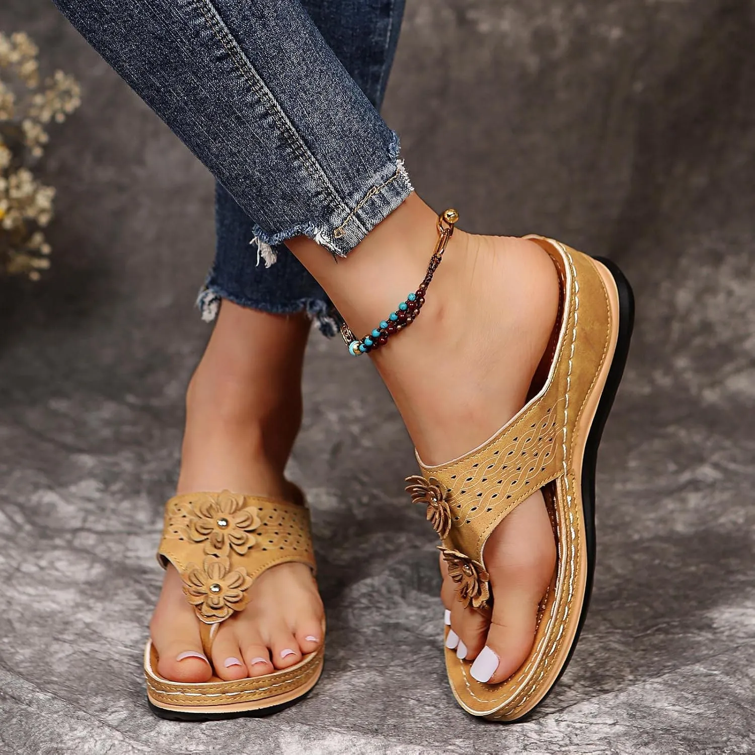 Orthotic Sandals for Women Extra Wide Flip Flops Beach Non Slip Wedge Sandal Dressy Wide Arch Support Shoes for Womens Wedge Shoes Slip On Dressy Wedge Orthopedic Shoe for Woman