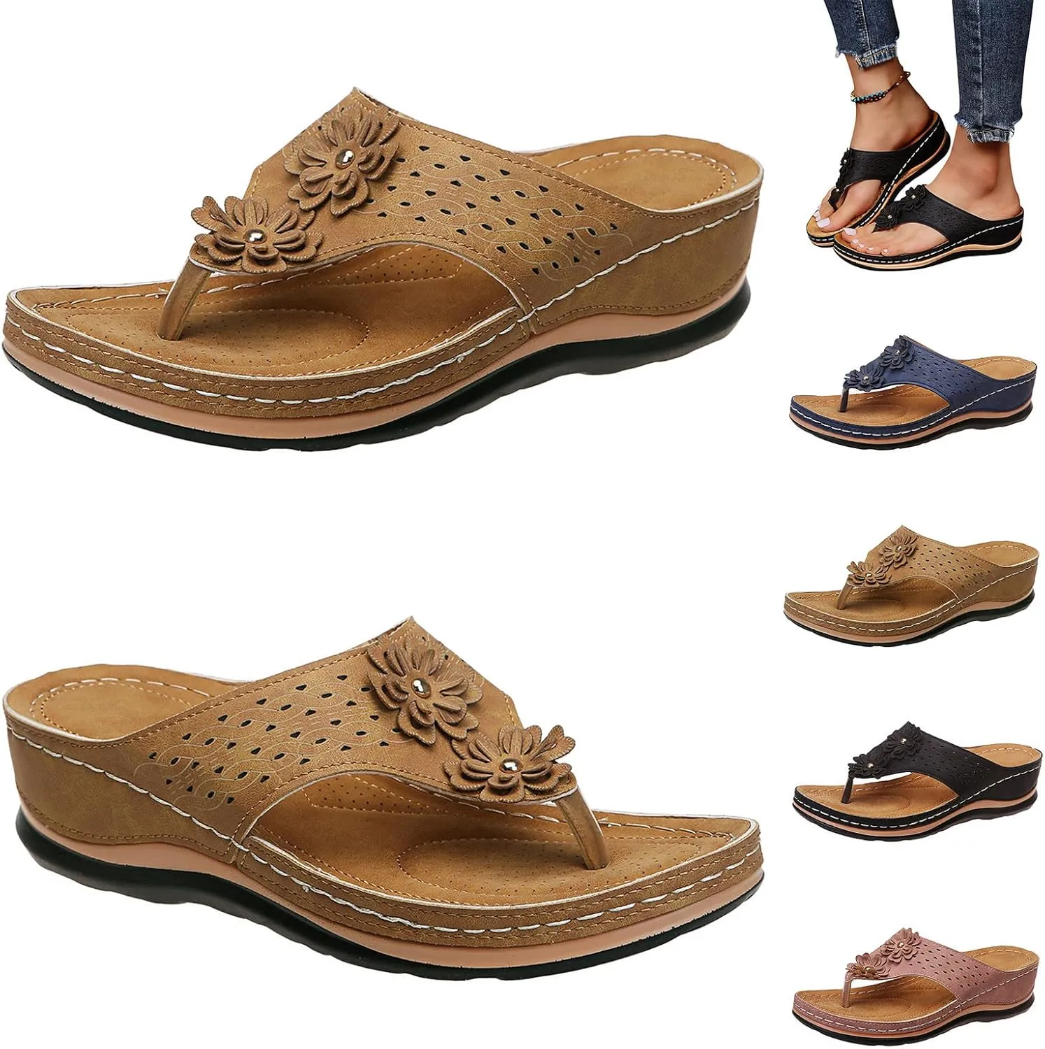 Orthotic Sandals for Women Extra Wide Flip Flops Beach Non Slip Wedge Sandal Dressy Wide Arch Support Shoes for Womens Wedge Shoes Slip On Dressy Wedge Orthopedic Shoe for Woman